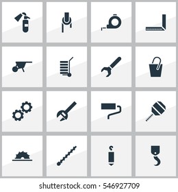 Set Of 16 Editable Tools Icons. Includes Symbols Such As Handle , Shipment, Sprinkler. Can Be Used For Web, Mobile, UI And Infographic Design.