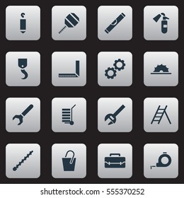 Set Of 16 Editable Tools Icons. Includes Symbols Such As Band, Staircase, Sprinkler. Can Be Used For Web, Mobile, UI And Infographic Design.