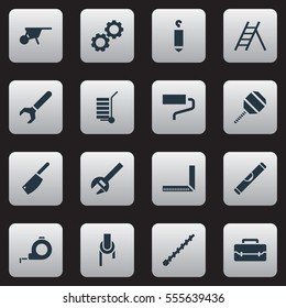Set Of 16 Editable Tools Icons. Includes Symbols Such As Shipment, Excavate, Cleaver And More. Can Be Used For Web, Mobile, UI And Infographic Design.