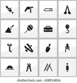Set Of 16 Editable Tools Icons. Includes Symbols Such As Balance, Pruning Shears, Toolbox And More. Can Be Used For Web, Mobile, UI And Infographic Design.