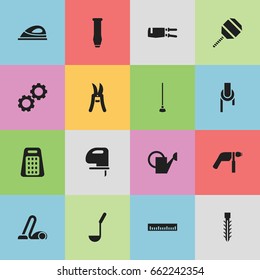 Set Of 16 Editable Tools Icons. Includes Symbols Such As Bailer, Saw, Scoop And More. Can Be Used For Web, Mobile, UI And Infographic Design.