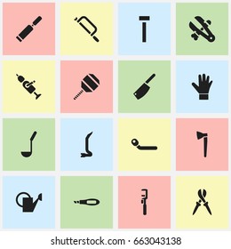 Set Of 16 Editable Tools Icons. Includes Symbols Such As Excavate, Gauntlet, Handsaw. Can Be Used For Web, Mobile, UI And Infographic Design.