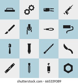 Set Of 16 Editable Tools Icons. Includes Symbols Such As Internal Screw, Scale, Cogwheel And More. Can Be Used For Web, Mobile, UI And Infographic Design.