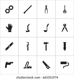 Set Of 16 Editable Tools Icons. Includes Symbols Such As Pliers, Gears And More. Can Be Used For Web, Mobile, UI And Infographic Design.