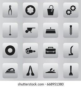 Set Of 16 Editable Tools Icons. Includes Symbols Such As Mincing Machine, Cuisine Utensil, Screw And More. Can Be Used For Web, Mobile, UI And Infographic Design.