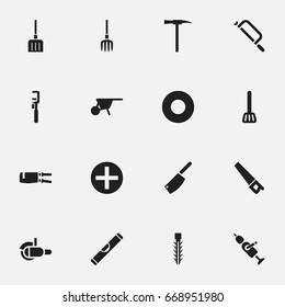 Set Of 16 Editable Tools Icons. Includes Symbols Such As Kitchen Spatula, Handcart, Screwdriver. Can Be Used For Web, Mobile, UI And Infographic Design.