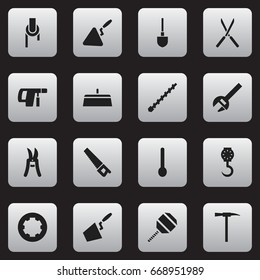 Set Of 16 Editable Tools Icons. Includes Symbols Such As Key, Screw Head, Spatula And More. Can Be Used For Web, Mobile, UI And Infographic Design.