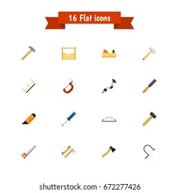 Set Of 16 Editable Tools Icons. Includes Symbols Such As Handsaw, Hammer , Nag. Can Be Used For Web, Mobile, UI And Infographic Design.