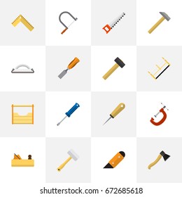 Set Of 16 Editable Tools Icons. Includes Symbols Such As Bodkin, Malleus, Tool And More. Can Be Used For Web, Mobile, UI And Infographic Design.