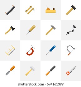 Set Of 16 Editable Tools Icons. Includes Symbols Such As Hacksaw, Axe, Clinch And More. Can Be Used For Web, Mobile, UI And Infographic Design.