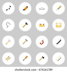 Set Of 16 Editable Tools Icons. Includes Symbols Such As Boer, Emery Paper, Clinch And More. Can Be Used For Web, Mobile, UI And Infographic Design.