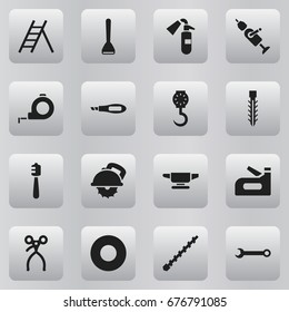 Set Of 16 Editable Tools Icons. Includes Symbols Such As Carpenter, Staircase, Screw And More. Can Be Used For Web, Mobile, UI And Infographic Design.