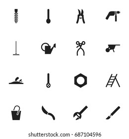 Set Of 16 Editable Tools Icons. Includes Symbols Such As Pruning Shears, Handle , Screw. Can Be Used For Web, Mobile, UI And Infographic Design.