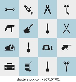 Set Of 16 Editable Tools Icons. Includes Symbols Such As Trowel, Spoon, Spanner And More. Can Be Used For Web, Mobile, UI And Infographic Design.