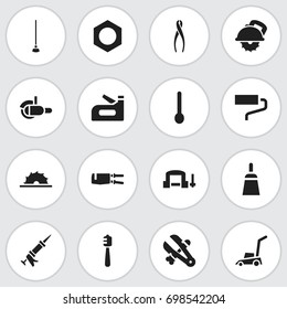 Set Of 16 Editable Tools Icons. Includes Symbols Such As Brush, Carpenter, Tongs And More. Can Be Used For Web, Mobile, UI And Infographic Design.
