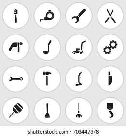 Set Of 16 Editable Tools Icons. Includes Symbols Such As Garden Scissors, Grass Cutting Machine, Drill And More. Can Be Used For Web, Mobile, UI And Infographic Design.