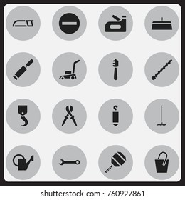 Set Of 16 Editable Tools Icons. Includes Symbols Such As Carpenter, Honey Stick, Handle. Can Be Used For Web, Mobile, UI And Infographic Design.