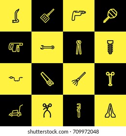 Set Of 16 Editable Tools Outline Icons. Includes Symbols Such As Electric Screwdriver, Rake, Retractor And More. Can Be Used For Web, Mobile, UI And Infographic Design.
