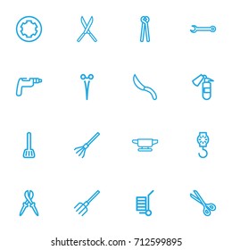 Set Of 16 Editable Tools Outline Icons. Includes Symbols Such As Drill, Screw Head, Garden Scissors And More. Can Be Used For Web, Mobile, UI And Infographic Design.