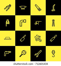 Set Of 16 Editable Tools Outline Icons. Includes Symbols Such As Wheel Wrench, Jimmy, Winch And More. Can Be Used For Web, Mobile, UI And Infographic Design.