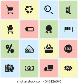 Set Of 16 Editable Trade Icons. Includes Symbols Such As Ribbon, Discount Tag, Wheelbarrow And More. Can Be Used For Web, Mobile, UI And Infographic Design.