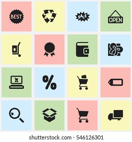Set Of 16 Editable Trade Icons. Includes Symbols Such As Shopping Bag, Label, Package And More. Can Be Used For Web, Mobile, UI And Infographic Design.