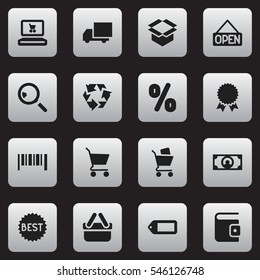 Set Of 16 Editable Trade Icons. Includes Symbols Such As Striped, Medal, Web Trading And More. Can Be Used For Web, Mobile, UI And Infographic Design.