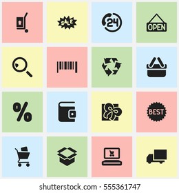 Set Of 16 Editable Trade Icons. Includes Symbols Such As Package, Reuse, Freight Delivery And More. Can Be Used For Web, Mobile, UI And Infographic Design.
