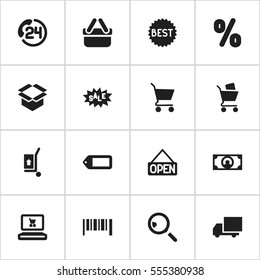 Set Of 16 Editable Trade Icons. Includes Symbols Such As Shopping Case, Explicit, Freight Delivery And More. Can Be Used For Web, Mobile, UI And Infographic Design.