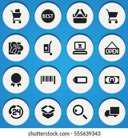Set Of 16 Editable Trade Icons. Includes Symbols Such As Backing Call, Shopping Case, Delivery And More. Can Be Used For Web, Mobile, UI And Infographic Design.