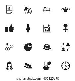 Set Of 16 Editable Trade Icons. Includes Symbols Such As Meeting, Businesswoman, Unity And More. Can Be Used For Web, Mobile, UI And Infographic Design.