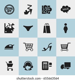 Set Of 16 Editable Trade Icons. Includes Symbols Such As Package, Wheelbarrow, Delivery And More. Can Be Used For Web, Mobile, UI And Infographic Design.