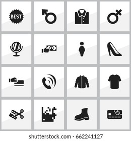 Set Of 16 Editable Trade Icons. Includes Symbols Such As Badge, Payment, Sweater And More. Can Be Used For Web, Mobile, UI And Infographic Design.