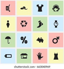 Set Of 16 Editable Trade Icons. Includes Symbols Such As Gingham, Reuse, Woman Symbol And More. Can Be Used For Web, Mobile, UI And Infographic Design.