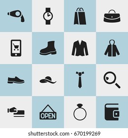 Set Of 16 Editable Trade Icons. Includes Symbols Such As Necktie, E-Commerce, Package And More. Can Be Used For Web, Mobile, UI And Infographic Design.