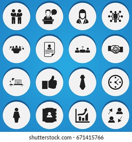 Set Of 16 Editable Trade Icons. Includes Symbols Such As Cv, Table, Businesswoman And More. Can Be Used For Web, Mobile, UI And Infographic Design.