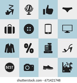 Set Of 16 Editable Trade Icons. Includes Symbols Such As Monitor, Identification, Cardigan And More. Can Be Used For Web, Mobile, UI And Infographic Design.