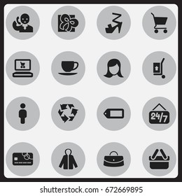 Set Of 16 Editable Trade Icons. Includes Symbols Such As Lady Aspect, Speech, Freight Delivery And More. Can Be Used For Web, Mobile, UI And Infographic Design.