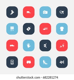 Set Of 16 Editable Trade Icons. Includes Symbols Such As Hosiery, Badge, International Trade And More. Can Be Used For Web, Mobile, UI And Infographic Design.