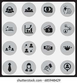 Set Of 16 Editable Trade Icons. Includes Symbols Such As Businesswoman, Staff Structure, Table And More. Can Be Used For Web, Mobile, UI And Infographic Design.