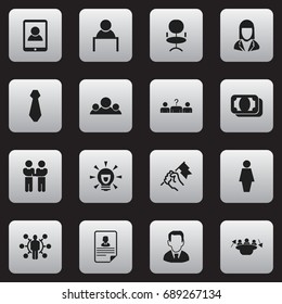 Set Of 16 Editable Trade Icons. Includes Symbols Such As Speech, Talent, Work Man And More. Can Be Used For Web, Mobile, UI And Infographic Design.