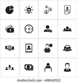 Set Of 16 Editable Trade Icons. Includes Symbols Such As Smartphone, Partnership, Clock And More. Can Be Used For Web, Mobile, UI And Infographic Design.