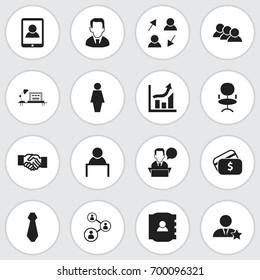 Set Of 16 Editable Trade Icons. Includes Symbols Such As Businessman, Job Woman, Smartphone And More. Can Be Used For Web, Mobile, UI And Infographic Design.