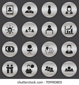 Set Of 16 Editable Trade Icons. Includes Symbols Such As Statistics, Talking Man, Ergonomic Seat And More. Can Be Used For Web, Mobile, UI And Infographic Design.