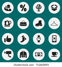 Set Of 16 Editable Trade Icons. Includes Symbols Such As Looking-Glass, Boot, Hanger And More. Can Be Used For Web, Mobile, UI And Infographic Design.