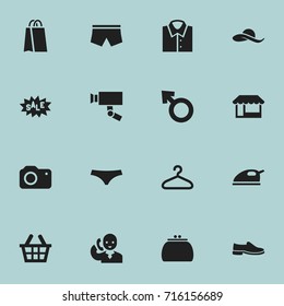 Set Of 16 Editable Trade Icons. Includes Symbols Such As Hatband, Steam Iron , Discount Tag. Can Be Used For Web, Mobile, UI And Infographic Design.