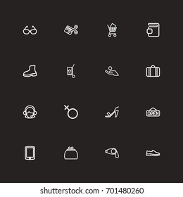 Set Of 16 Editable Trade Outline Icons. Includes Symbols Such As Shoes, Hand Cart, Portfolio. Can Be Used For Web, Mobile, UI And Infographic Design.