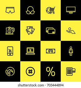 Set Of 16 Editable Trade Outline Icons. Includes Symbols Such As Shorts, Bra, Display And More. Can Be Used For Web, Mobile, UI And Infographic Design.