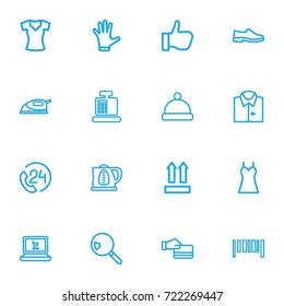 Set Of 16 Editable Trade Outline Icons. Includes Symbols Such As Till, Kettle, Woman T-Shirt And More. Can Be Used For Web, Mobile, UI And Infographic Design.