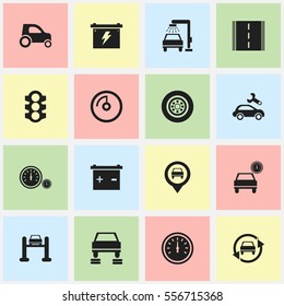 Set Of 16 Editable Traffic Icons. Includes Symbols Such As Vehicle Wash, Tire, Speedometer And More. Can Be Used For Web, Mobile, UI And Infographic Design.